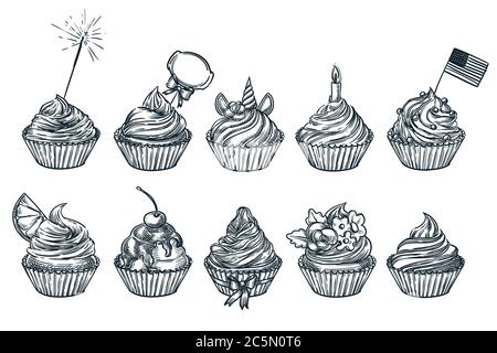 Cupcake, Muffin Dessert Set, isoliert auf weißem Hintergrund. Skizzenvektor Lebensmitteldarstellung. Süße Party Kuchen mit Sahne, Schokolade, Kirsche, Einhorn, Stock Vektor