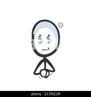 Dollar sieht gierigen Mann. Vektor einfach wollen Geld, eifersüchtige materialistische Person. Stickman Cartoon Cliparts. Von Hand gezeichnet. Doodle Skizze, Grafik Stock Vektor