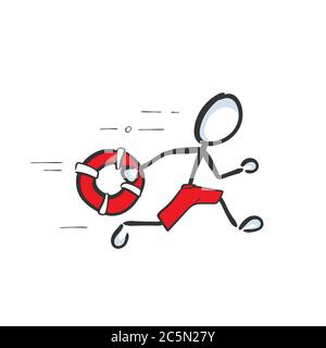Rettungsschwimmer läuft zu retten. Vektor einfache Strand Patrouille Leben retten. Rote Rettungsgurte. Stickman Cartoon Cliparts. Von Hand gezeichnet. Doodle-Skizze Stock Vektor