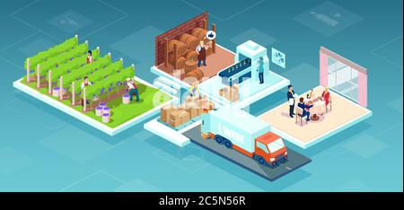 Isometrischer Vektor des Weinherstellungsprozesses, Herstellung Getränk aus der Traube, Kette von der Weinbaufarm durch die Fabrik zum Verbraucher auf einem Supermarkt Stock Vektor