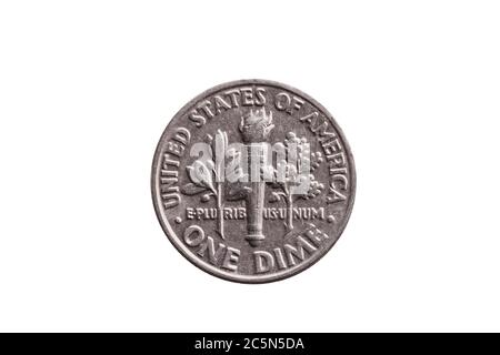 USA-Cent-Nickel-Münze (10 Cent) umgekehrte Olivenzweig, Fackel und Eichenzweig ausgeschnitten und isoliert auf weißem Hintergrund Stockfoto