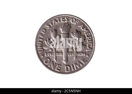USA-Cent-Nickel-Münze (10 Cent) umgekehrte Olivenzweig, Fackel und Eichenzweig ausgeschnitten und isoliert auf weißem Hintergrund Stockfoto
