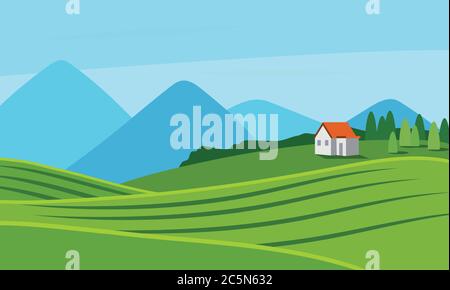 Sonnige Landschaft, ländliche Landschaft mit Feldern, Bergen und einem kleinen Haus. Vektorgrafik in flacher Form Stock Vektor
