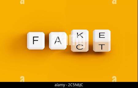 Fake News Illustration, Fact-Check 3D Würfel Konzept Nachricht. Wahre Illustration von 4 Würfelwürfeln mit 'Fake / Fact'-Text darauf Stockfoto