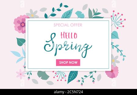 Hello Spring - Vektorgrafik mit Blumen und Blättern und Schriftzug. Designvorlage Stock Vektor