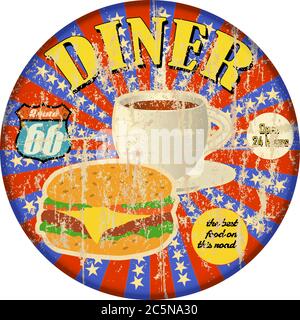 Vintage Route 66 Diner Zeichen, alte Fast-Food-Restaurant Advertsing Zeichen, Vektor-Kunst Illustration, americana Stock Vektor