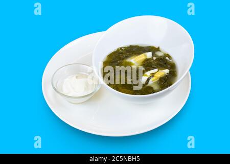 Sauerampfer Suppe mit Ei und saurer Sahne isoliert auf blauem Hintergrund Stockfoto