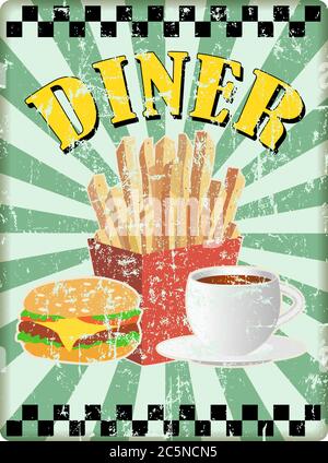 Retro fünfziger Jahre Diner Zeichen mit pommes. Burger und Kaffee.Kostenlose Kopie Raum, Vektor. Fiktives Kunstwerk Stock Vektor