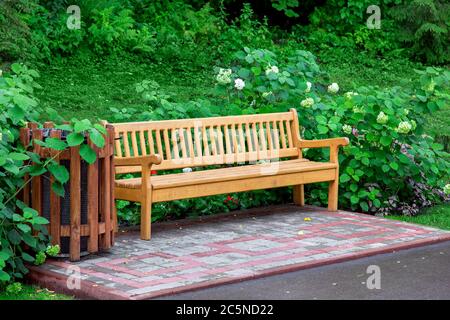 Holzbank mit Mülleimer für einen Rastplatz am Straßenrand in einem Wald mit grünen Pflanzen. Stockfoto