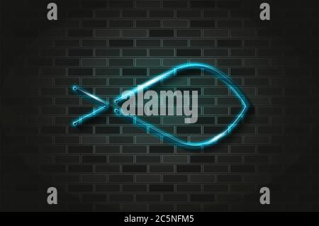 Ichthys, Christian Fisch blau leuchtenden Neon-Zeichen oder Glasröhre. Realistische Vektordarstellung. Schwarze Ziegelwand, weicher Schatten. Stock Vektor