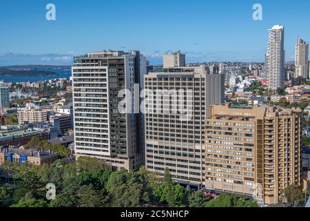 Sehen Sie Sydney mit Hyde Park und Pullman Hotels Sydney Australien Stockfoto