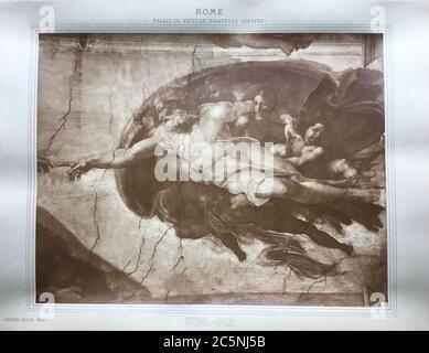 Detail der Schöpfung Adams durch den italienischen Künstler Michelangelo Buonarroti (1475 - 1564), Sixtinische Kapelle, Vatikan, Vatikanstadt, um 1508 - 1512. Fotografie von Adolphe Braun (1812-1877), 1869. Stockfoto