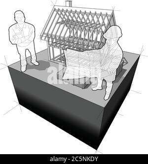 Diagramm der hölzernen Rahmenkonstruktion eines einfachen Einfamilienhauses mit Architekt und glücklich lächelnden Mann vor ihm stehen Stock Vektor