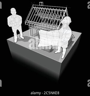 Diagramm der hölzernen Rahmenkonstruktion eines einfachen Einfamilienhauses mit Architekt und glücklich lächelnden Mann vor ihm stehen Stock Vektor