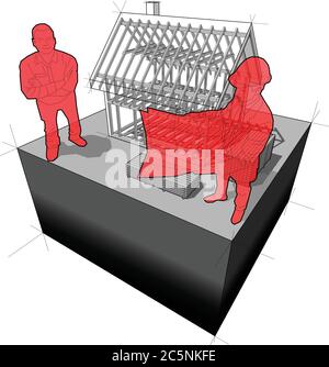 Diagramm der hölzernen Rahmenkonstruktion eines einfachen Einfamilienhauses mit Architekt und glücklich lächelnden Mann vor ihm stehen Stock Vektor
