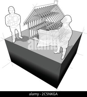 Diagramm der hölzernen Rahmenkonstruktion eines einfachen Einfamilienhauses mit Architekt und glücklich lächelnden Kunden vor ihm stehen Stock Vektor