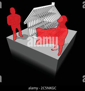 Diagramm der hölzernen Rahmenkonstruktion eines einfachen Einfamilienhauses mit Architekt und glücklich lächelnden Kunden vor ihm stehen Stock Vektor