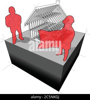 Diagramm der hölzernen Rahmenkonstruktion eines einfachen Einfamilienhauses mit Architekt und glücklich lächelnden Kunden vor ihm stehen Stock Vektor