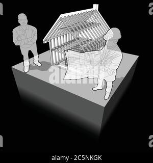 Diagramm der hölzernen Rahmenkonstruktion eines einfachen Einfamilienhauses mit Architekt und glücklich lächelnden Kunden vor ihm stehen Stock Vektor