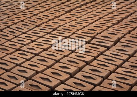 Roher Ziegel, der in den Stapeln für das Trocknen ausgelegt ist. Ziegel in einer Ziegelfabrik. Traditionelle Herstellung von Ziegelsteinen in Indien. Stockfoto