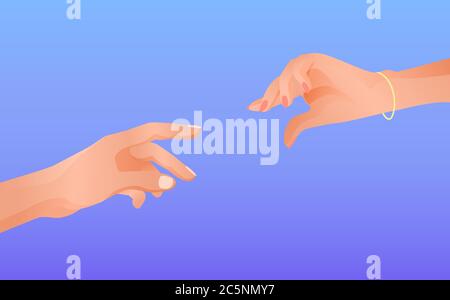 Weibliche und männliche Hand zueinander gezogen. Romantische Liebe Beziehungen freundliche Kommunikation Kerl und Mädchen. Stock Vektor