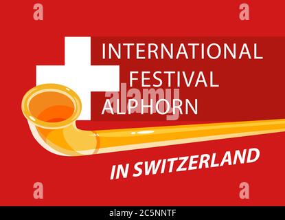 Alphorn internationales Festival in der Schweiz, Vector Einladung Banner Vorlage für Website mit Titel und neutralem roten Hintergrund. Stock Vektor