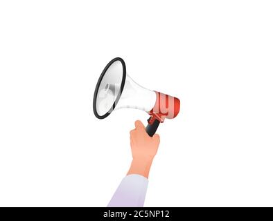 Hand hält den Lautsprecher. Laute Benachrichtigung über Notfallinformationen auf dem Megaphon. Stock Vektor