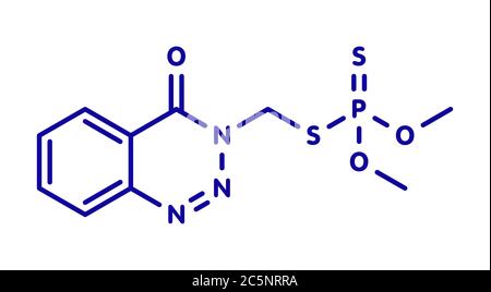 Azinphos-Methylorganophosphat-Insektizid. Wirkt als Neurotoxin durch die Hemmung der Acetylcholinesterase. Skelettformel. Stockfoto