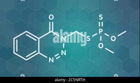 Azinphos-Methylorganophosphat-Insektizid. Wirkt als Neurotoxin durch die Hemmung der Acetylcholinesterase. Skelettformel. Stockfoto