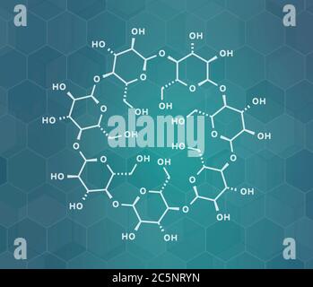 Beta-Cyclodextrin-Molekül. Verwendet in Pharmazeutika, Lebensmitteln, Deodorierungsprodukten, etc. Aus Glukosemolekülen zusammengesetzt. Skelettformel. Stockfoto