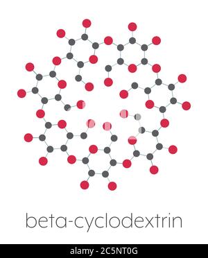 Beta-Cyclodextrin-Molekül. Verwendet in Pharmazeutika, Lebensmitteln, Deodorierungsprodukten, etc. Aus Glukosemolekülen zusammengesetzt. Stilisierte Skelettformel (chemische Struktur): Atome werden als farbcodierte Kreise dargestellt: Wasserstoff (versteckt), Kohlenstoff (grau), Sauerstoff (rot). Stockfoto