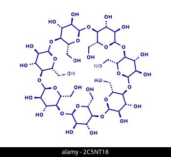 Beta-Cyclodextrin-Molekül. Verwendet in Pharmazeutika, Lebensmitteln, Deodorierungsprodukten, etc. Aus Glukosemolekülen zusammengesetzt. Skelettformel. Stockfoto