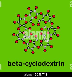 Beta-Cyclodextrin-Molekül. Verwendet in Pharmazeutika, Lebensmitteln, Deodorierungsprodukten, etc. Aus Glukosemolekülen zusammengesetzt. Stilisierte Skelettformel (chemische Struktur): Atome werden als farbcodierte Kreise dargestellt: Wasserstoff (versteckt), Kohlenstoff (grau), Sauerstoff (rot). Stockfoto