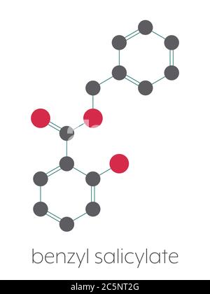 Benzylsalicylat (Benzyl 4-hydroxybenzoat)-Molekül. Wird in Kosmetika und Parfüms verwendet. Stilisierte Skelettformel (chemische Struktur): Atome werden als farbcodierte Kreise dargestellt: Wasserstoff (versteckt), Kohlenstoff (grau), Sauerstoff (rot). Stockfoto