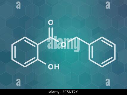 Benzylsalicylat (Benzyl 4-hydroxybenzoat)-Molekül. Wird in Kosmetika und Parfüms verwendet. Skelettformel. Stockfoto