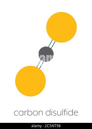 CS2-Molekül (Carbon Disulfid). Flüssigkeit zur Begasung und als Insektizid. Stilisierte Skelettformel (chemische Struktur): Atome werden als farbcodierte Kreise dargestellt: Schwefel (gelb), Kohlenstoff (grau). Stockfoto