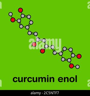 Curcumin Kurkuma Gewürzmolekül. Stilisierte Skelettformel (chemische Struktur): Atome werden als farbcodierte Kreise dargestellt: Wasserstoff (versteckt), Kohlenstoff (grau), Sauerstoff (rot). Stockfoto