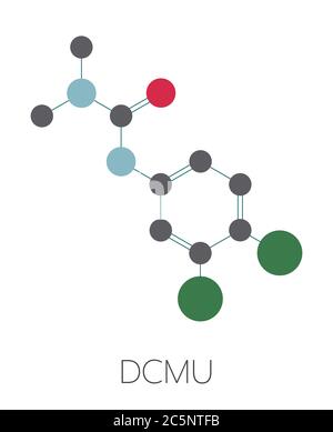 Diuron (DCMU) Herbizid-Molekül. Stilisierte Skelettformel (chemische Struktur): Atome werden als farbcodierte Kreise dargestellt: Wasserstoff (versteckt), Kohlenstoff (grau), Stickstoff (blau), Sauerstoff (rot), Chlor (grün). Stockfoto