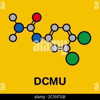 Diuron (DCMU) Herbizid-Molekül. Stilisierte Skelettformel (chemische Struktur): Atome werden als farbcodierte Kreise dargestellt: Wasserstoff (versteckt), Kohlenstoff (grau), Stickstoff (blau), Sauerstoff (rot), Chlor (grün). Stockfoto