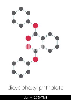 Dicyclohexylphthalat (DCP) Weichmacher Molekül. Stilisierte Skelettformel (chemische Struktur): Atome werden als farbcodierte Kreise dargestellt: Wasserstoff (versteckt), Kohlenstoff (grau), Sauerstoff (rot). Stockfoto