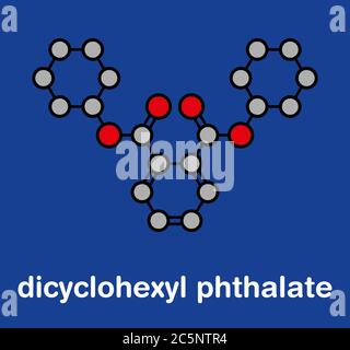 Dicyclohexylphthalat (DCP) Weichmacher Molekül. Stilisierte Skelettformel (chemische Struktur): Atome werden als farbcodierte Kreise dargestellt: Wasserstoff (versteckt), Kohlenstoff (grau), Sauerstoff (rot). Stockfoto