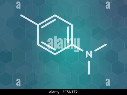 N,N-Dimethyl-p-Toluidin (DMPT)-Molekül. Häufig als Katalysator bei der Herstellung von Polymeren und in zahnmedizinischen Materialien und Knochenzementen verwendet. Skelettformel. Stockfoto