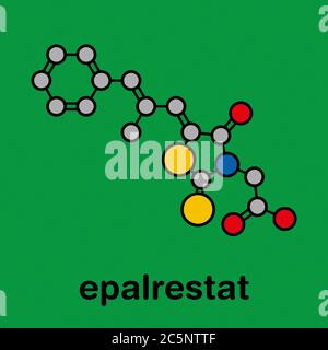 Epalrestat diabetisches neuropathy Drug Molecule (Aldose Reduktase Inhibitor). Stilisierte Skelettformel (chemische Struktur): Atome werden als farbcodierte Kreise dargestellt: Wasserstoff (versteckt), Kohlenstoff (grau), Stickstoff (blau), Sauerstoff (rot), Schwefel (gelb). Stockfoto