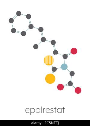 Epalrestat diabetisches neuropathy Drug Molecule (Aldose Reduktase Inhibitor). Stilisierte Skelettformel (chemische Struktur): Atome werden als farbcodierte Kreise dargestellt: Wasserstoff (versteckt), Kohlenstoff (grau), Stickstoff (blau), Sauerstoff (rot), Schwefel (gelb). Stockfoto