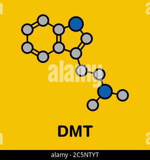 Dimethyltryptamin (DMT) psychedelisches Arzneimittelmolekül. Im Getränk Ayahuasca anwesend. Stilisierte Skelettformel (chemische Struktur): Atome werden als farbcodierte Kreise dargestellt: Wasserstoff (versteckt), Kohlenstoff (grau), Stickstoff (blau). Stockfoto