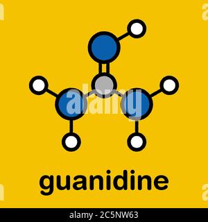 Guanidin-Molekül. Stilisierte Skelettformel (chemische Struktur): Atome werden als farbcodierte Kreise dargestellt: Wasserstoff (weiß), Kohlenstoff (grau), Stickstoff (blau). Stockfoto