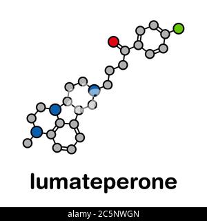 Lumateperon antipsychotisches Drogenmolekül. Stilisierte Skelettformel (chemische Struktur): Atome werden als farbcodierte Kreise dargestellt: Wasserstoff (versteckt), Kohlenstoff (grau), Stickstoff (blau), Sauerstoff (rot), Fluor (cyan). Stockfoto