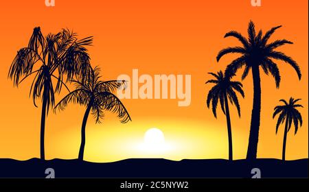 Orange tropische Sonnenuntergänge Silhouetten von Palmen. Tropischer Strand auf Hintergrund gelb untergehende Sonne. Stock Vektor