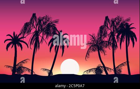 Sonnenuntergang und Silhouetten von Palmen. Tropischer Strand auf Hintergrund rosa Sonnenuntergang. Stock Vektor
