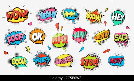 Comic-Text Sprechblasen. Lustige explosive Wolke Banner mit Shouts Warnungen stilvolle Comic-Design. Stock Vektor